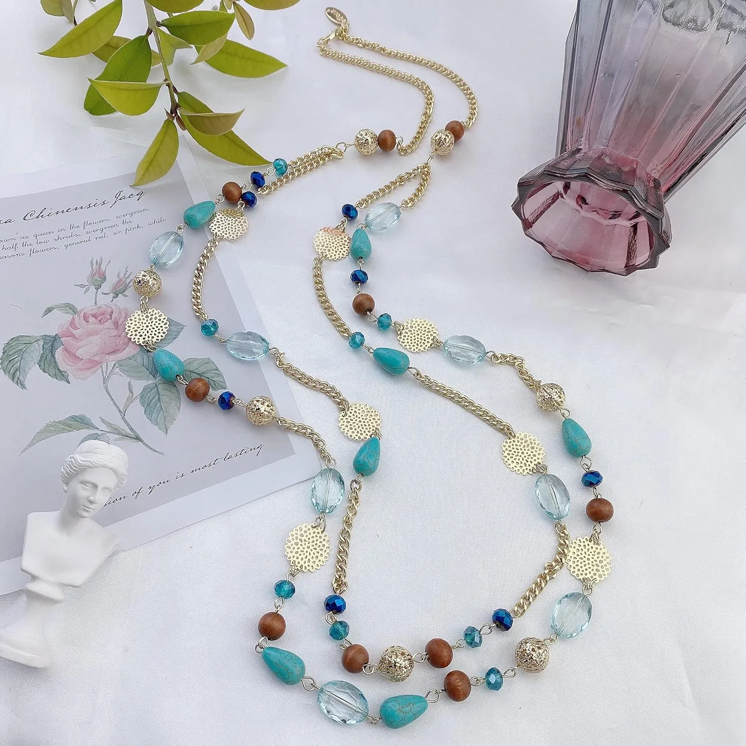 Bocar Long Necklaces for Women Trendy, Boho Layered Crystal Beaded Collar Necklaces for Women, Fashion Statement Necklaces Jewelry