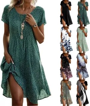 Boho Dresses for Women 2025 Summer Floral Print Short Sleeve Midi Dress Casual Loose A Line Beach Sun Dresses with Pockets