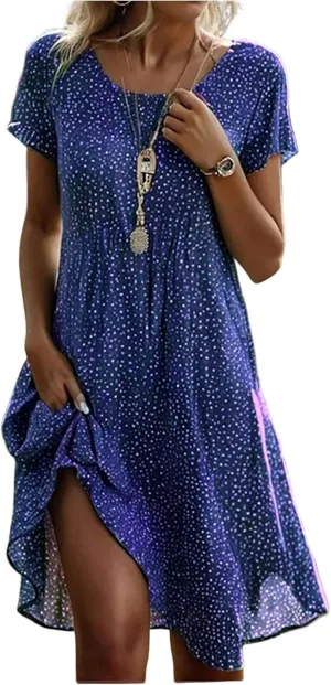 Boho Dresses for Women 2025 Summer Floral Print Short Sleeve Midi Dress Casual Loose A Line Beach Sun Dresses with Pockets