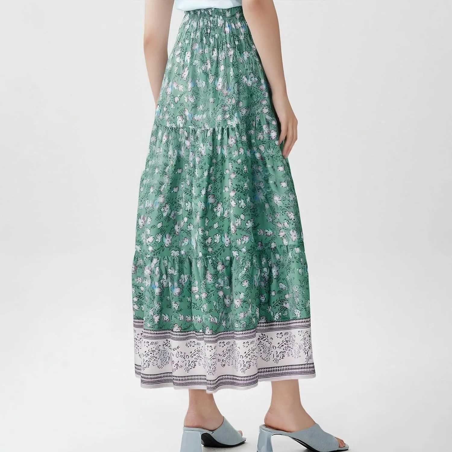 Boho Maxi Skirts for Women 2025 Floral Pleated High Waisted Long Flowy Skirt Elastic A Line Beach Vacation Summer Skirts