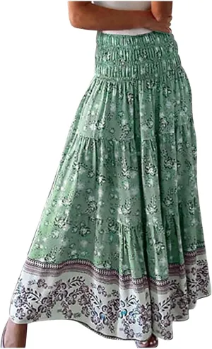 Boho Maxi Skirts for Women 2025 Floral Pleated High Waisted Long Flowy Skirt Elastic A Line Beach Vacation Summer Skirts