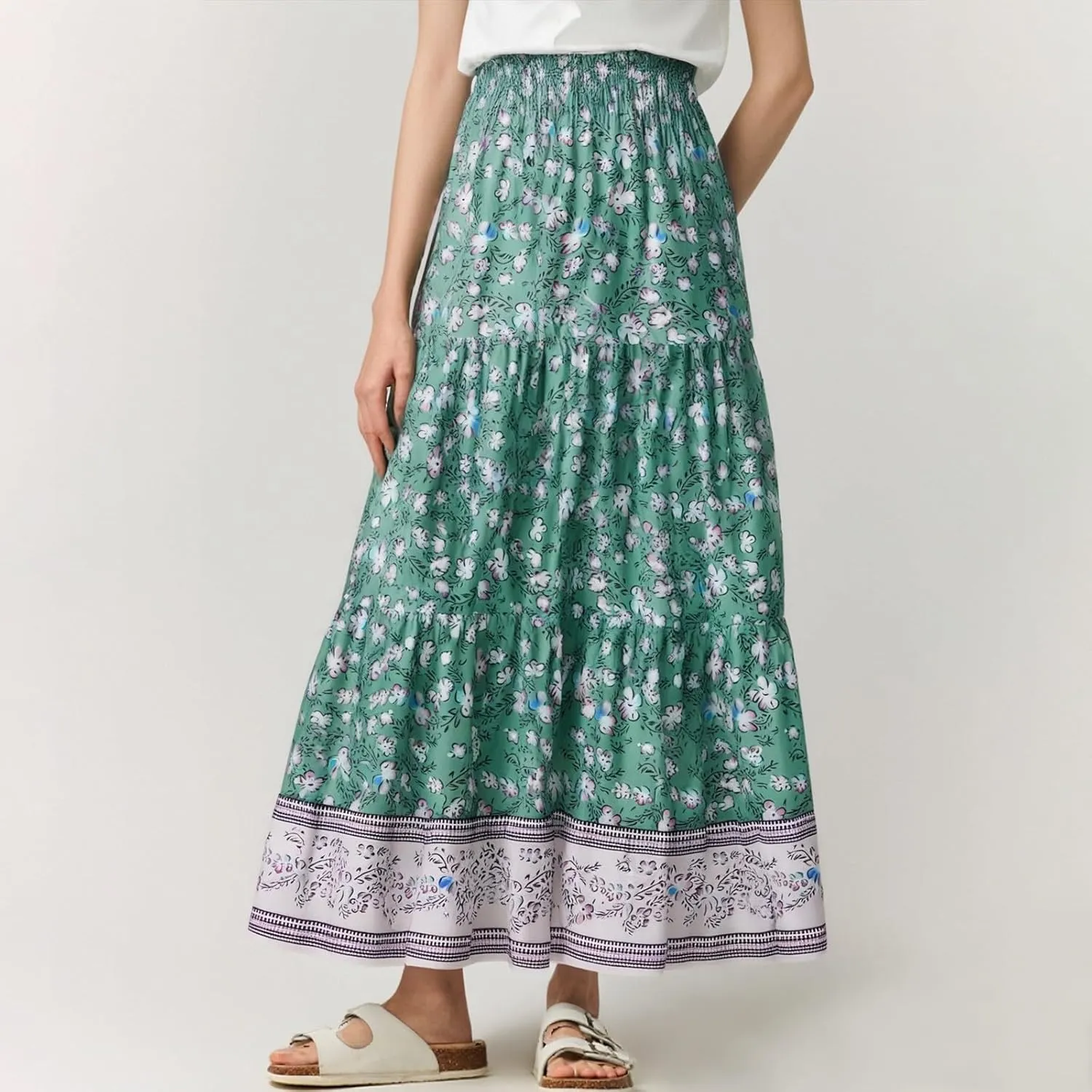 Boho Maxi Skirts for Women 2025 Floral Pleated High Waisted Long Flowy Skirt Elastic A Line Beach Vacation Summer Skirts