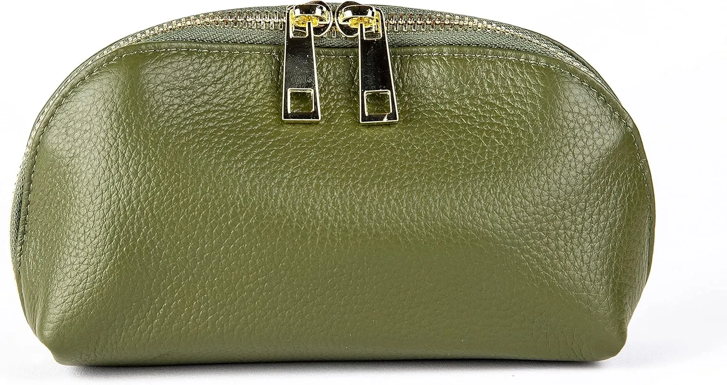 BOZOK Leather Cosmetic Makeup Case Genuine Pebble Leather Makeup Bag Cosmetic Pouch Travel Organizer Toiletry Clutch Pencil Case (Olive Green)
