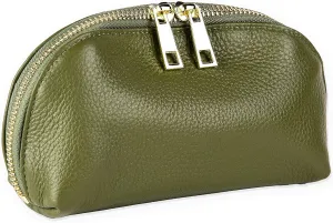 BOZOK Leather Cosmetic Makeup Case Genuine Pebble Leather Makeup Bag Cosmetic Pouch Travel Organizer Toiletry Clutch Pencil Case (Olive Green)