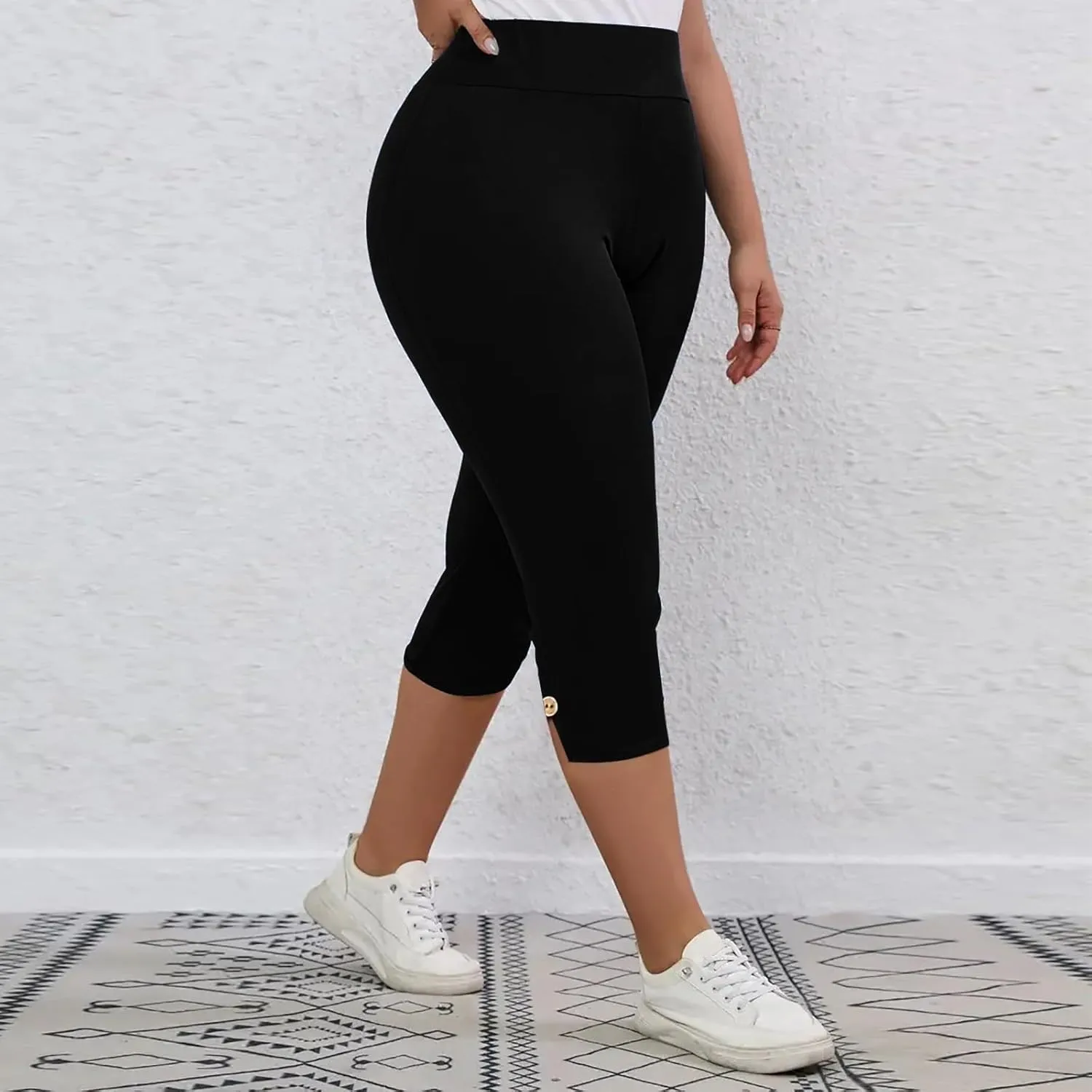 CAITS Women High Waist Cropped Pants Tight Yoga Leggings Stretch 3/4 Pant Elasticated Waist Trouser Slim Sweatpant Plus Size