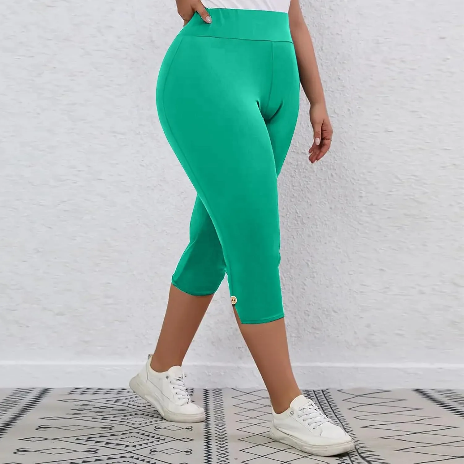 CAITS Women High Waist Cropped Pants Tight Yoga Leggings Stretch 3/4 Pant Elasticated Waist Trouser Slim Sweatpant Plus Size