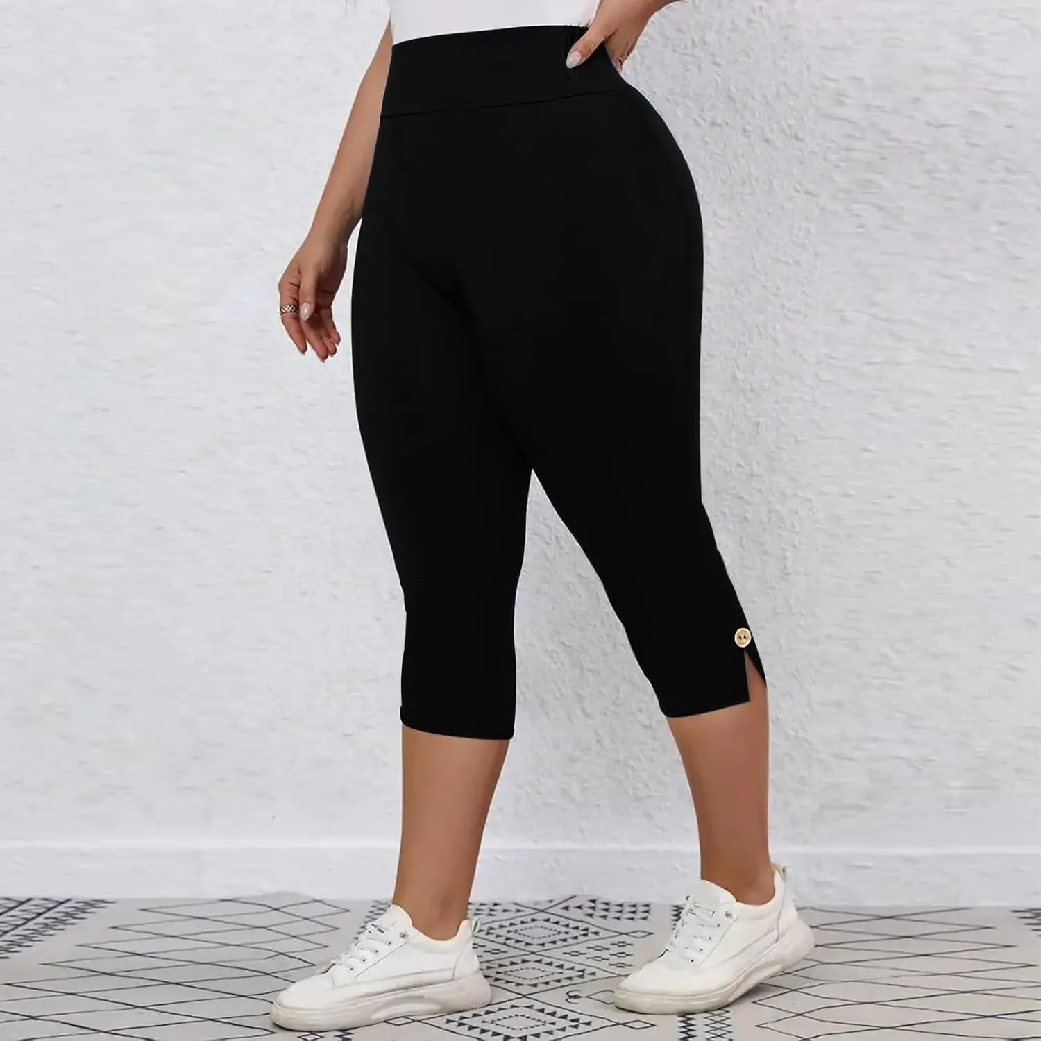 CAITS Women High Waist Cropped Pants Tight Yoga Leggings Stretch 3/4 Pant Elasticated Waist Trouser Slim Sweatpant Plus Size