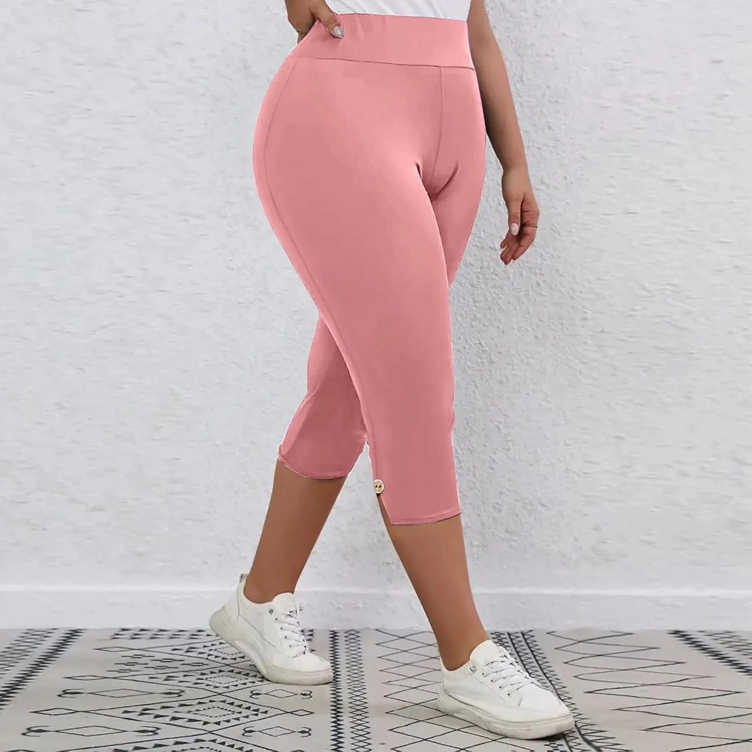 CAITS Women High Waist Cropped Pants Tight Yoga Leggings Stretch 3/4 Pant Elasticated Waist Trouser Slim Sweatpant Plus Size
