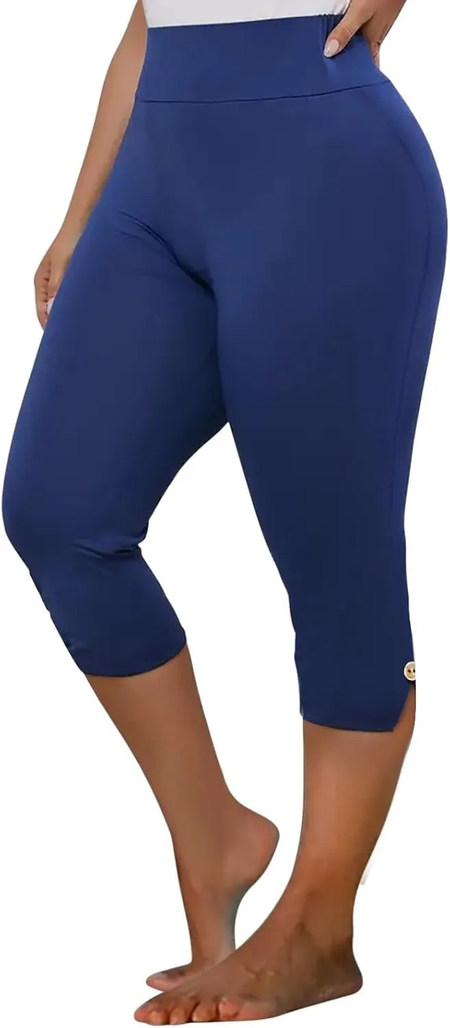 CAITS Women High Waist Cropped Pants Tight Yoga Leggings Stretch 3/4 Pant Elasticated Waist Trouser Slim Sweatpant Plus Size