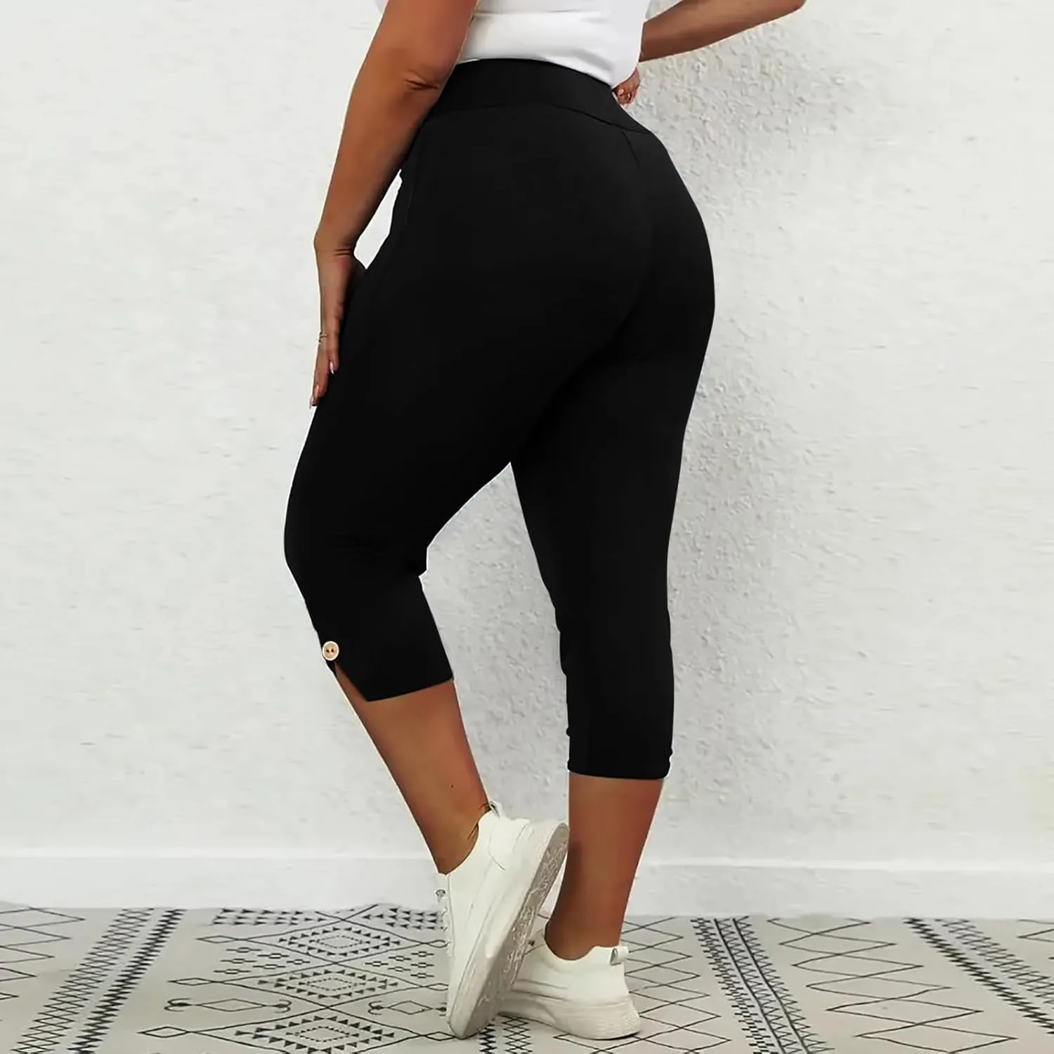 CAITS Women High Waist Cropped Pants Tight Yoga Leggings Stretch 3/4 Pant Elasticated Waist Trouser Slim Sweatpant Plus Size