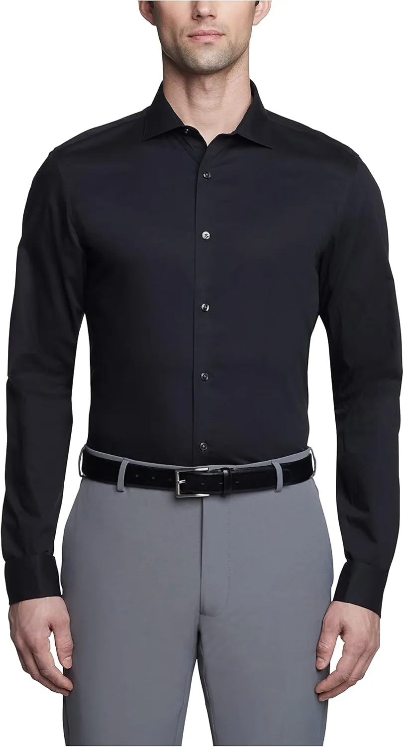 Calvin Klein Men's Non Iron Slim Fit Herringbone French Cuff Dress Shirt, Black, 15" Neck 32"-33" Sleeve