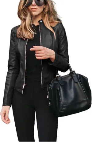 Canbebig Womens Faux Leather Jackets Zip Up Suit Jackets Slim Fit Coats Casual Lightweight Outwear Moto Biker Jackets