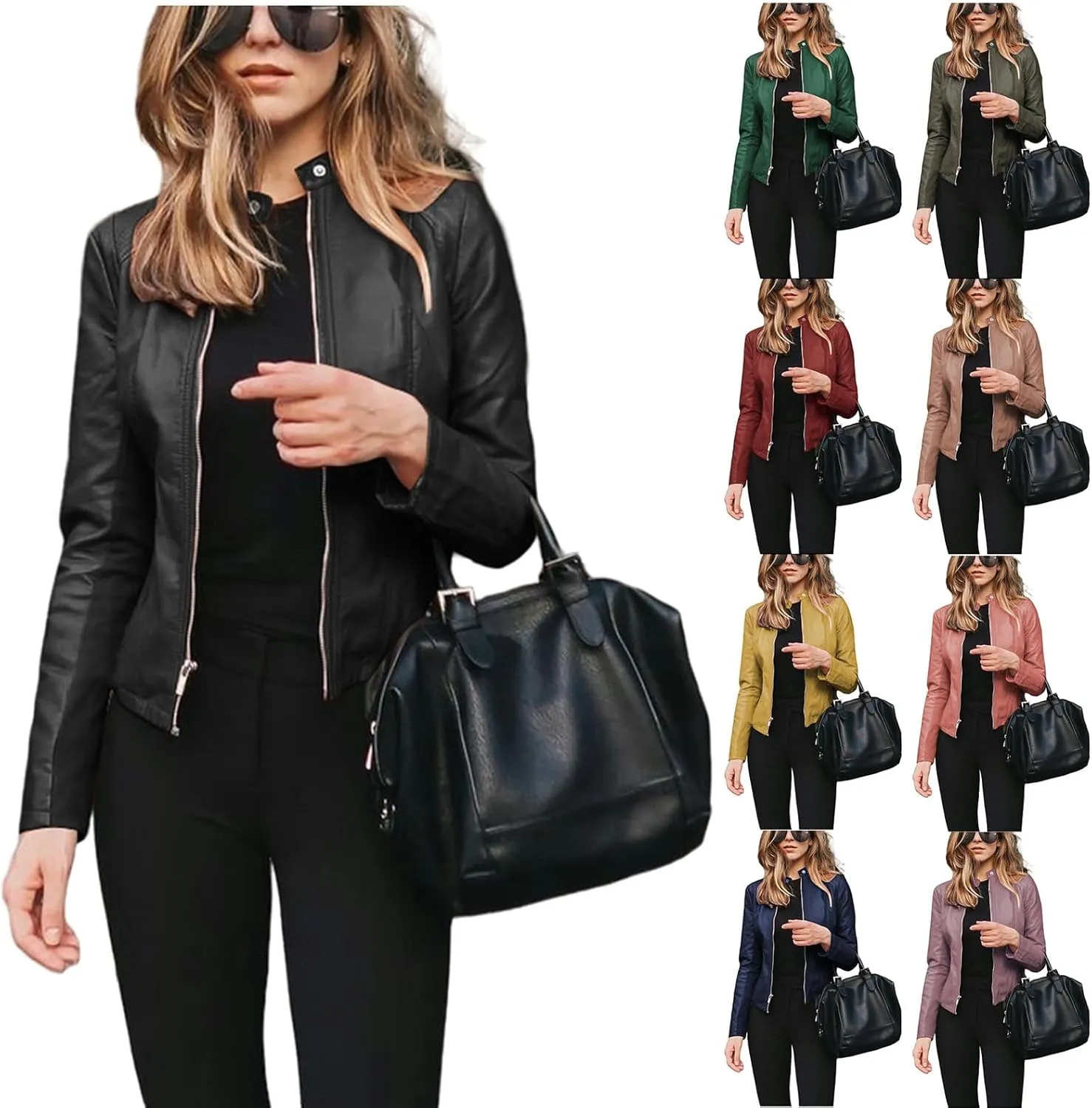 Canbebig Womens Faux Leather Jackets Zip Up Suit Jackets Slim Fit Coats Casual Lightweight Outwear Moto Biker Jackets