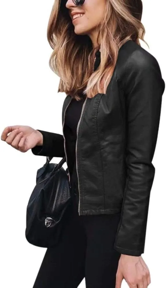 Canbebig Womens Faux Leather Jackets Zip Up Suit Jackets Slim Fit Coats Casual Lightweight Outwear Moto Biker Jackets