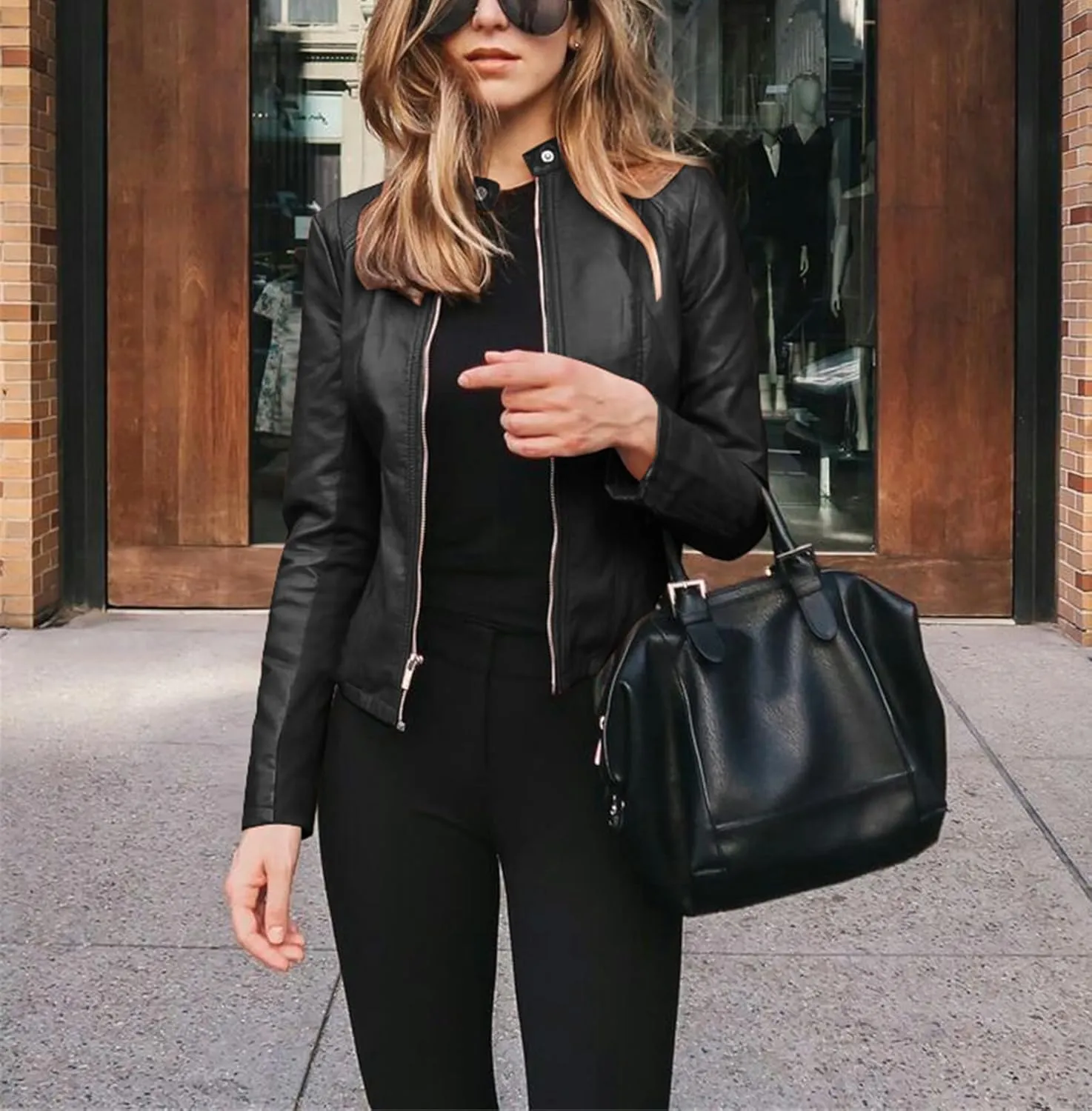 Canbebig Womens Faux Leather Jackets Zip Up Suit Jackets Slim Fit Coats Casual Lightweight Outwear Moto Biker Jackets