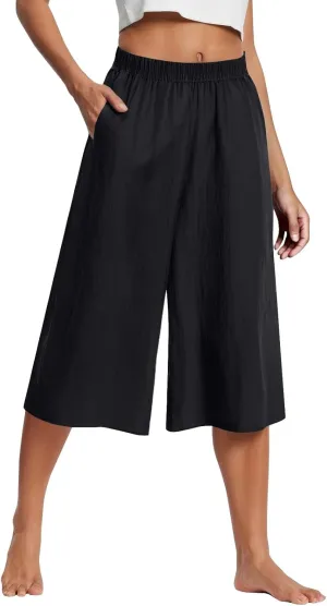 Capri Pants for Women Cotton Linen Summer Pants Wide Leg Pants Elastic Waist Pants Cropped Trouser with Pockets