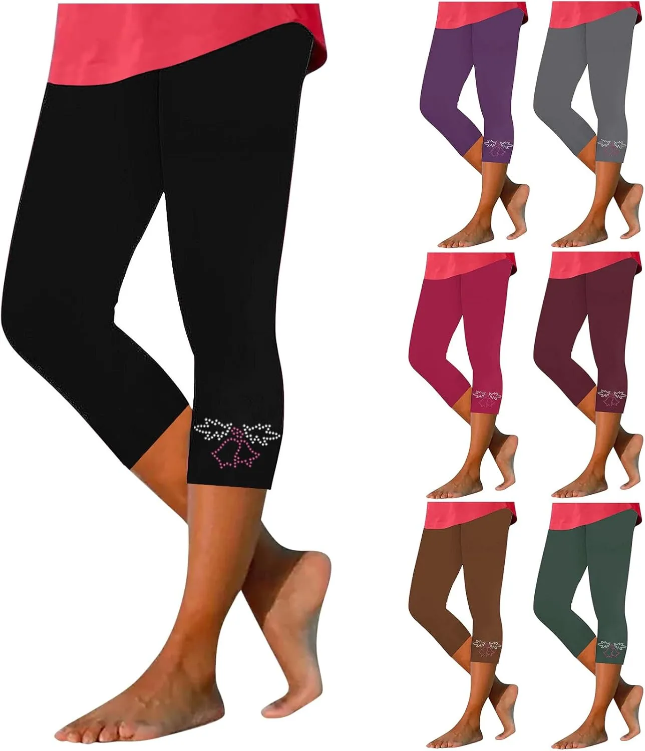 Capri Pants for Women Rhinestone Cropped Trousers Ladies 3/4 Length Leggings Summer Stretch Yoga Pant Bottoms
