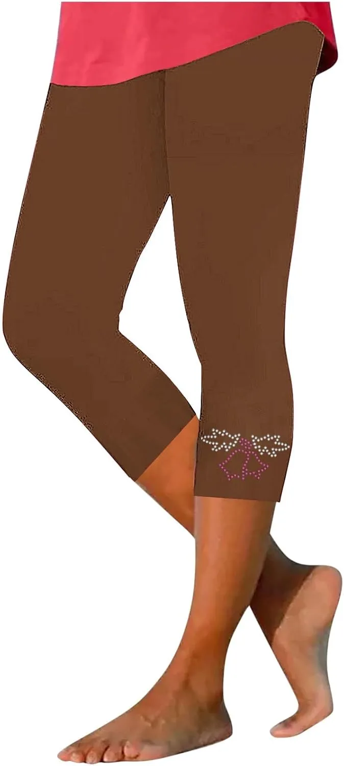 Capri Pants for Women Rhinestone Cropped Trousers Ladies 3/4 Length Leggings Summer Stretch Yoga Pant Bottoms