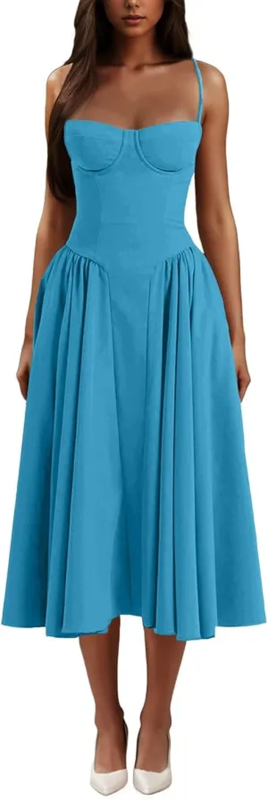 Casual Summer Dresses for Women Spaghetti Strap Midi Dresses Low Cut Bustier Dress with Pockets