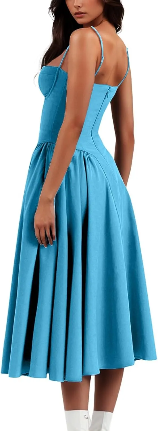Casual Summer Dresses for Women Spaghetti Strap Midi Dresses Low Cut Bustier Dress with Pockets