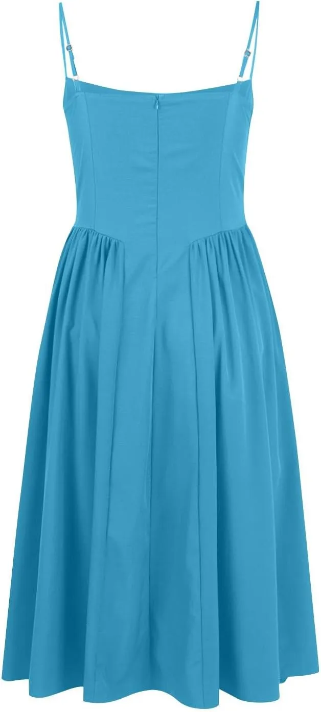Casual Summer Dresses for Women Spaghetti Strap Midi Dresses Low Cut Bustier Dress with Pockets