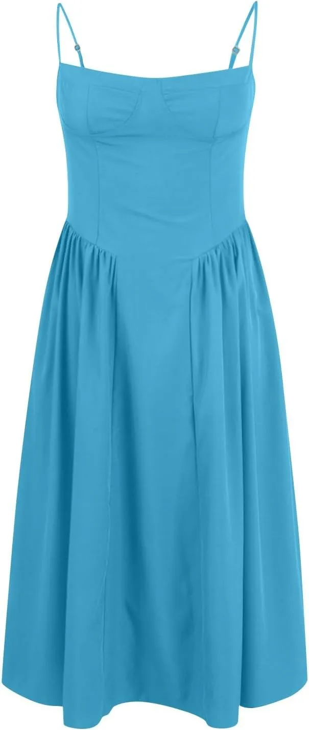 Casual Summer Dresses for Women Spaghetti Strap Midi Dresses Low Cut Bustier Dress with Pockets