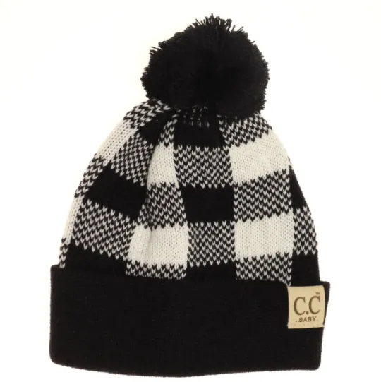 C.C. Beanie - Baby Buffalo Plaid Pom Beanie in White/Black