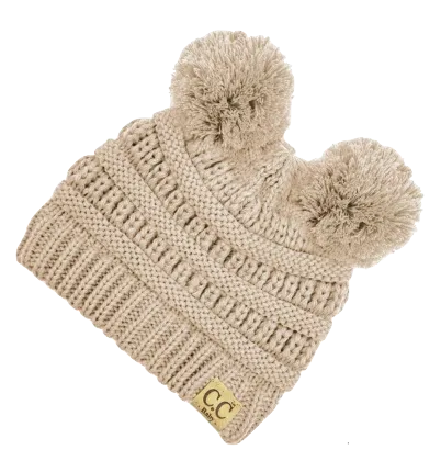 C.C. Beanie - Baby Double Pom Solid Beanie in Beige