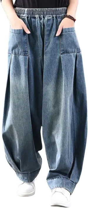 CHARTOU Women Wide Leg Jeans Baggy Y2k Denim Pants Palazzo Jeans Loose Harem Pants Pleated Balloon Barrel Jeans