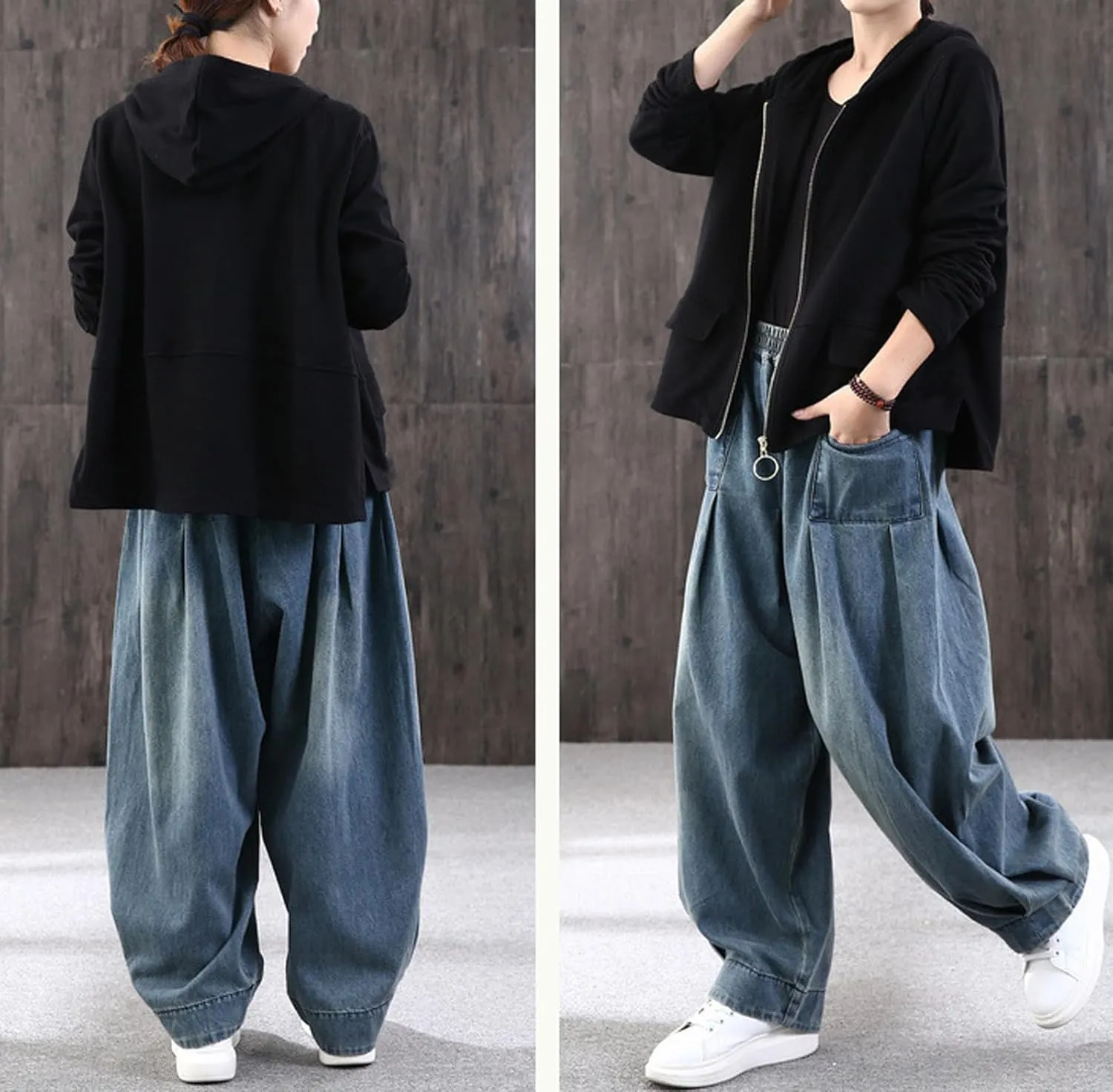 CHARTOU Women Wide Leg Jeans Baggy Y2k Denim Pants Palazzo Jeans Loose Harem Pants Pleated Balloon Barrel Jeans