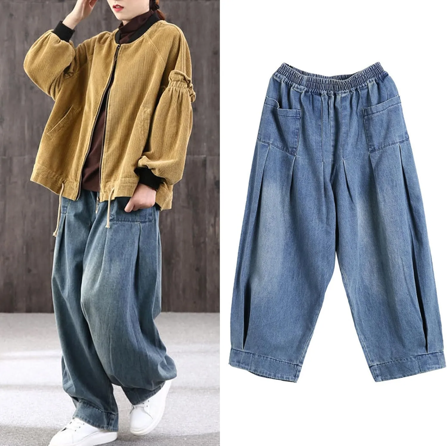 CHARTOU Women Wide Leg Jeans Baggy Y2k Denim Pants Palazzo Jeans Loose Harem Pants Pleated Balloon Barrel Jeans