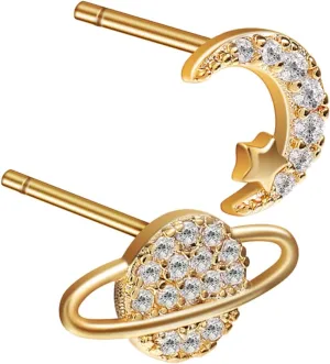 Chic Asymmetric Earrings Planet and Moon Studs Gold Plated Women's Fashion Accessory 1 Pair