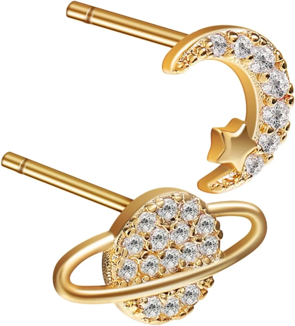Chic Asymmetric Earrings Planet and Moon Studs Gold Plated Women's Fashion Accessory 1 Pair
