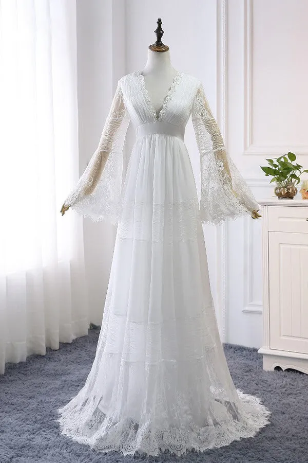 Chic Empire Lace Tulle Wedding Dress | Long Sleeves V-Neck Appliques Bridal Gowns