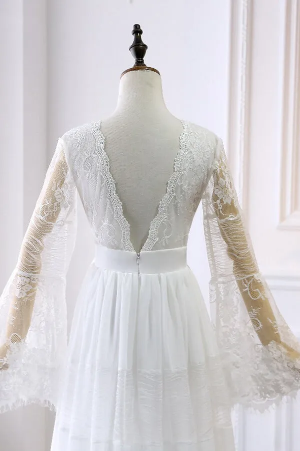 Chic Empire Lace Tulle Wedding Dress | Long Sleeves V-Neck Appliques Bridal Gowns