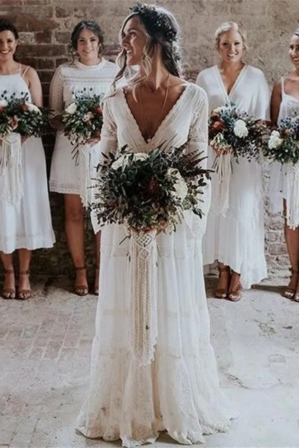 Chic Empire Lace Tulle Wedding Dress | Long Sleeves V-Neck Appliques Bridal Gowns