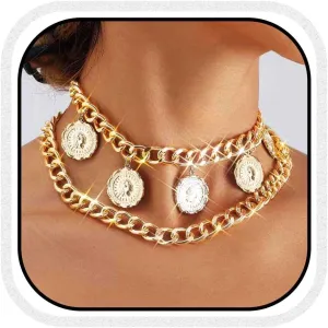Chunky Layered Necklaces Gold Coin Choker Necklaces for Women