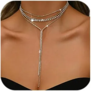 CJIAYUJEW Layered Rhinestone Necklaces for Women Long Y-Necklaces Sexy Crystal Choker Chain Necklaces Silver Sparkly Necklaces Wedding Bridal Jewerly