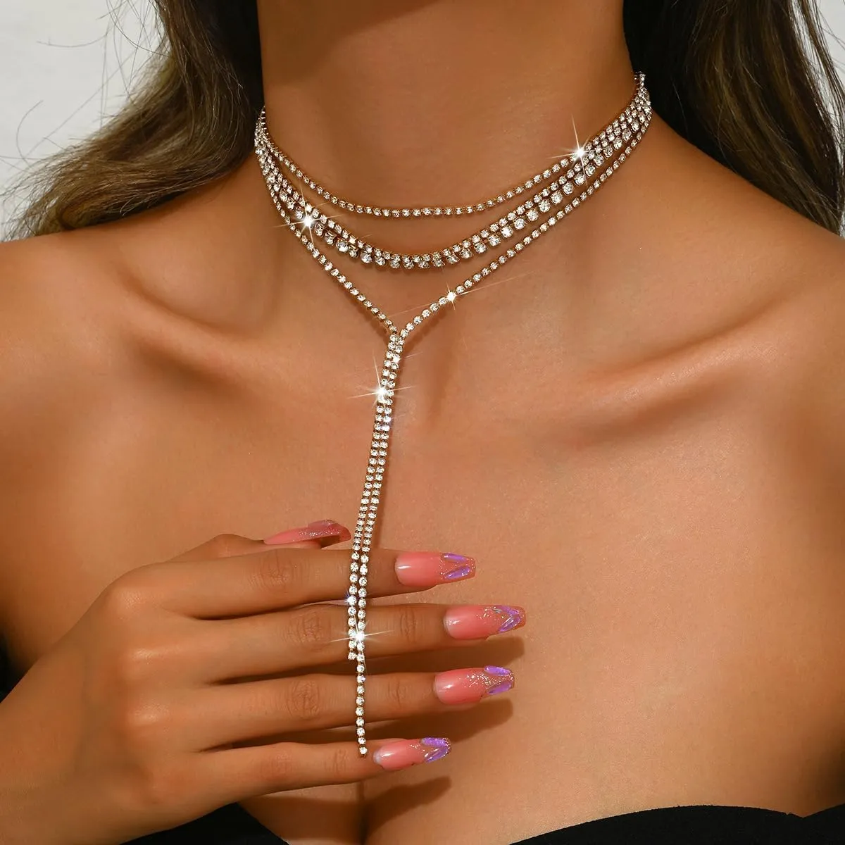 CJIAYUJEW Layered Rhinestone Necklaces for Women Long Y-Necklaces Sexy Crystal Choker Chain Necklaces Silver Sparkly Necklaces Wedding Bridal Jewerly