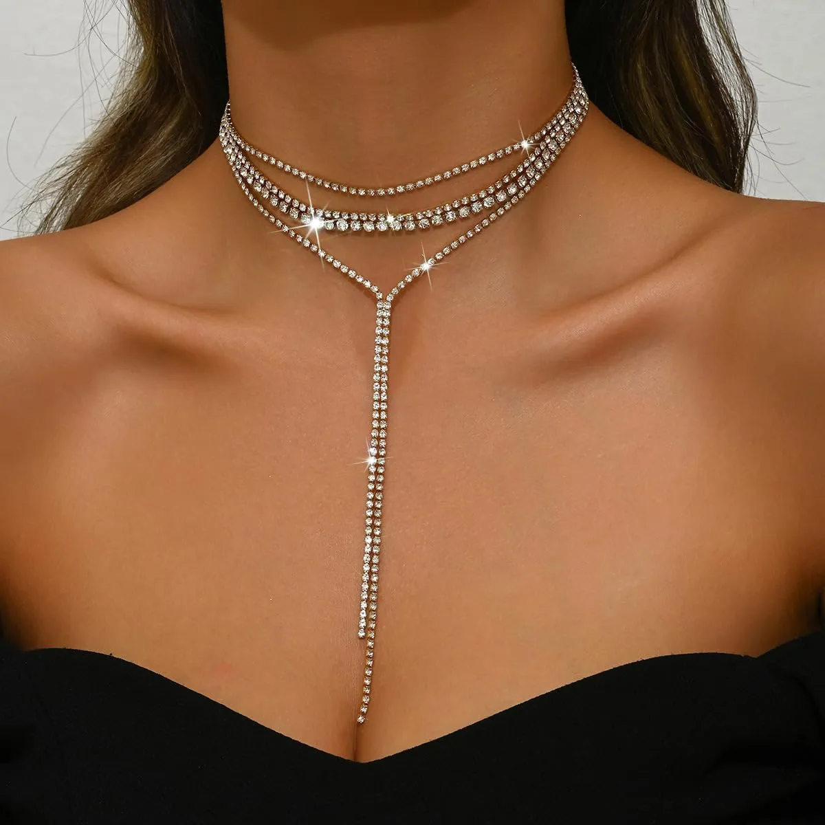 CJIAYUJEW Layered Rhinestone Necklaces for Women Long Y-Necklaces Sexy Crystal Choker Chain Necklaces Silver Sparkly Necklaces Wedding Bridal Jewerly