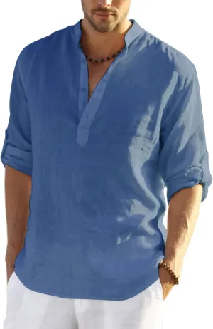 COOFANDY Men's Cotton Linen Henley T-Shirts Long Sleeve Hippie Casual Beach T-Shirts