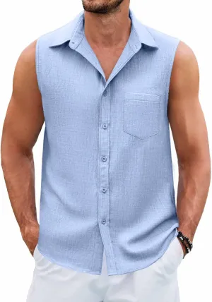 COOFANDY Men's Sleeveless Beach Shirts Summer Button Up Tank Tops Casual Textured Tank Shirt