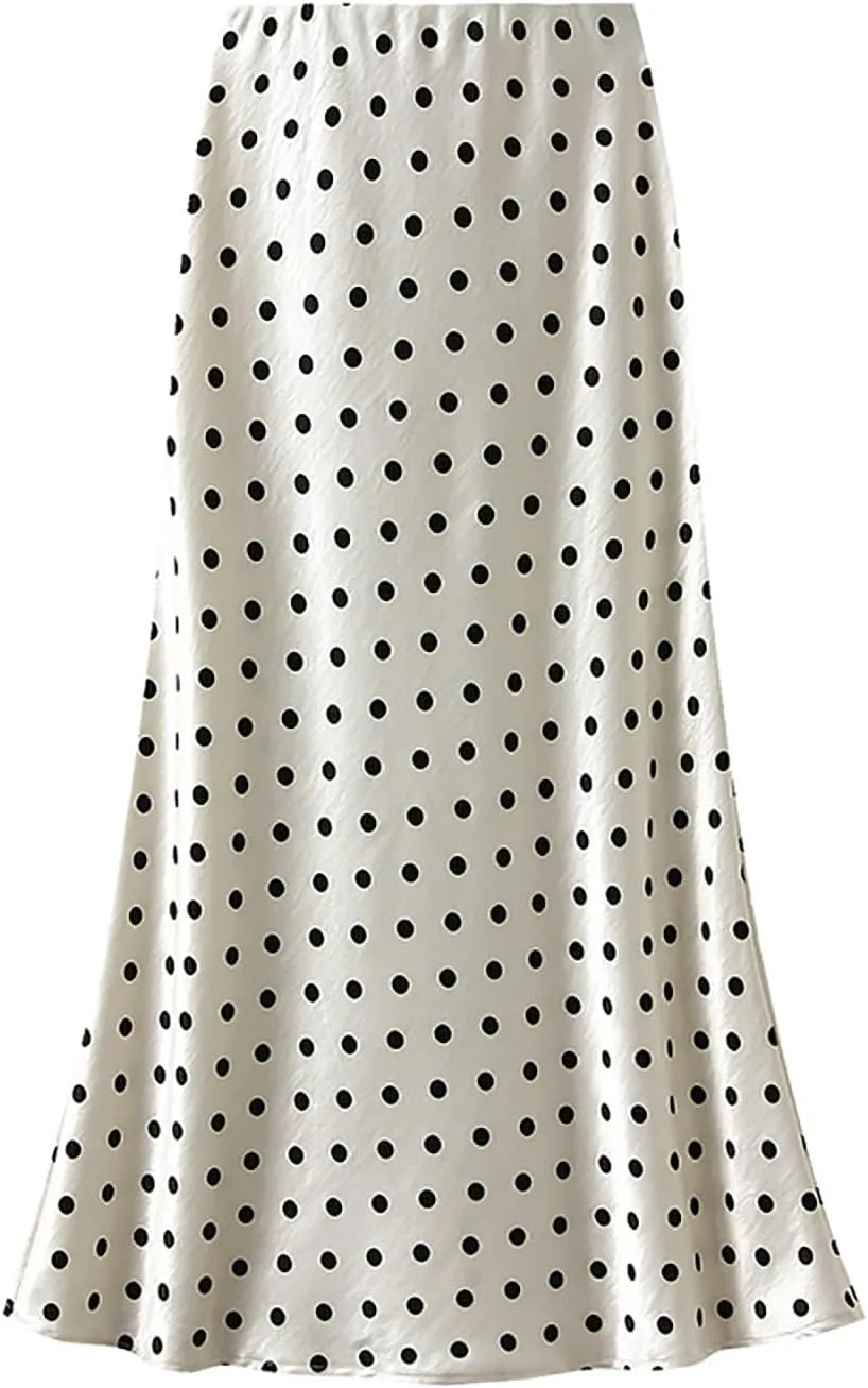 CORIRESHA Women's Elegant Polka Dot Skirt Elasticized Waistband Flowy Maxi Satin Skirt