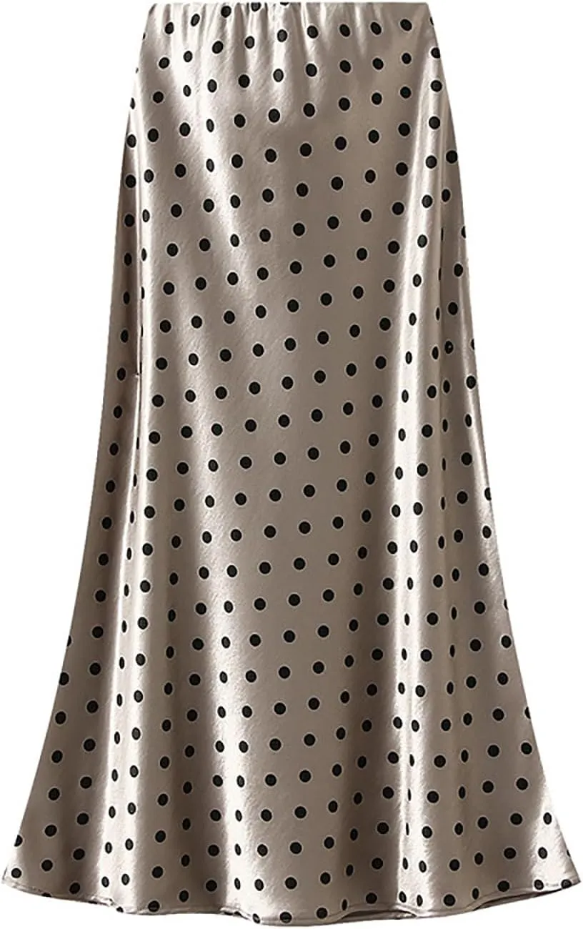 CORIRESHA Women's Elegant Polka Dot Skirt Elasticized Waistband Flowy Maxi Satin Skirt