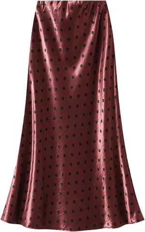 CORIRESHA Women's Elegant Polka Dot Skirt Elasticized Waistband Flowy Maxi Satin Skirt