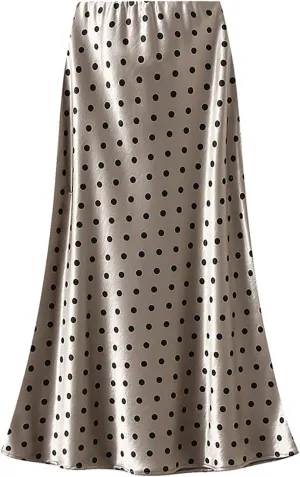 CORIRESHA Women's Elegant Polka Dot Skirt Elasticized Waistband Flowy Maxi Satin Skirt