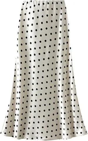 CORIRESHA Women's Elegant Polka Dot Skirt Elasticized Waistband Flowy Maxi Satin Skirt