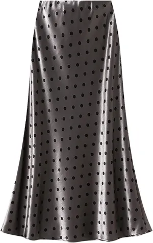 CORIRESHA Women's Elegant Polka Dot Skirt Elasticized Waistband Flowy Maxi Satin Skirt