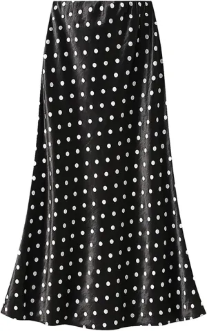 CORIRESHA Women's Elegant Polka Dot Skirt Elasticized Waistband Flowy Maxi Satin Skirt