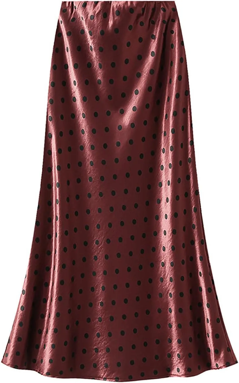 CORIRESHA Women's Elegant Polka Dot Skirt Elasticized Waistband Flowy Maxi Satin Skirt